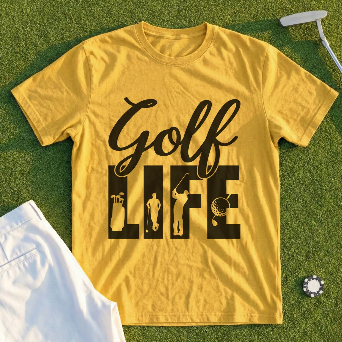 Yellow t-shirt with "Golf Life" text and golf graphics.