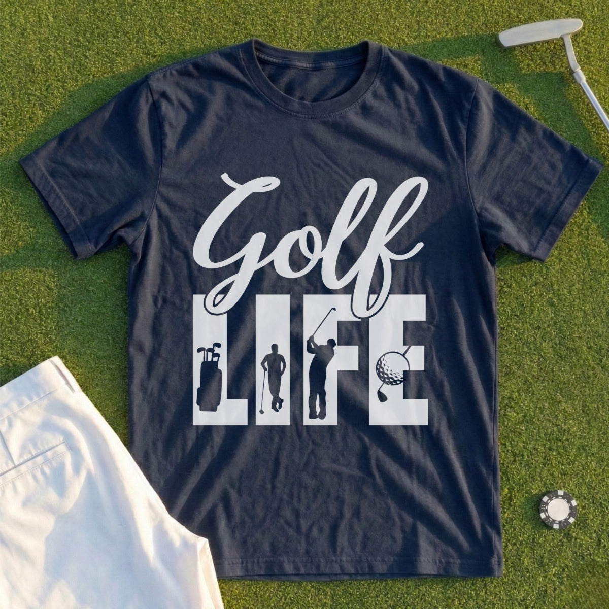 Navy t-shirt with "Golf Life" text and golf-themed silhouettes.