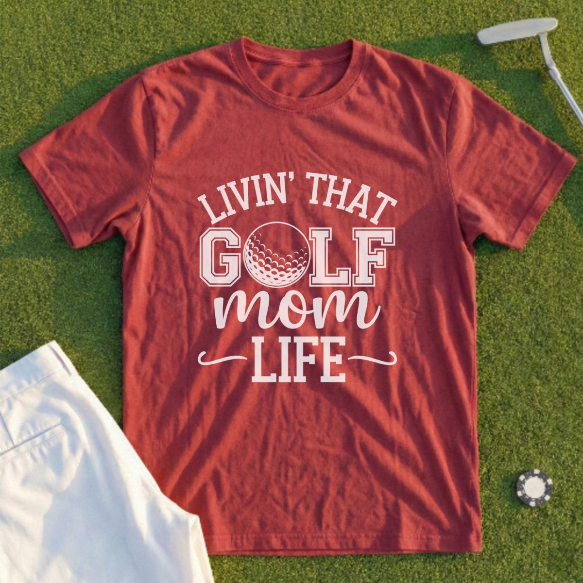 Maroon t-shirt with "Livin' That Golf Mom Life" and golf ball graphic.