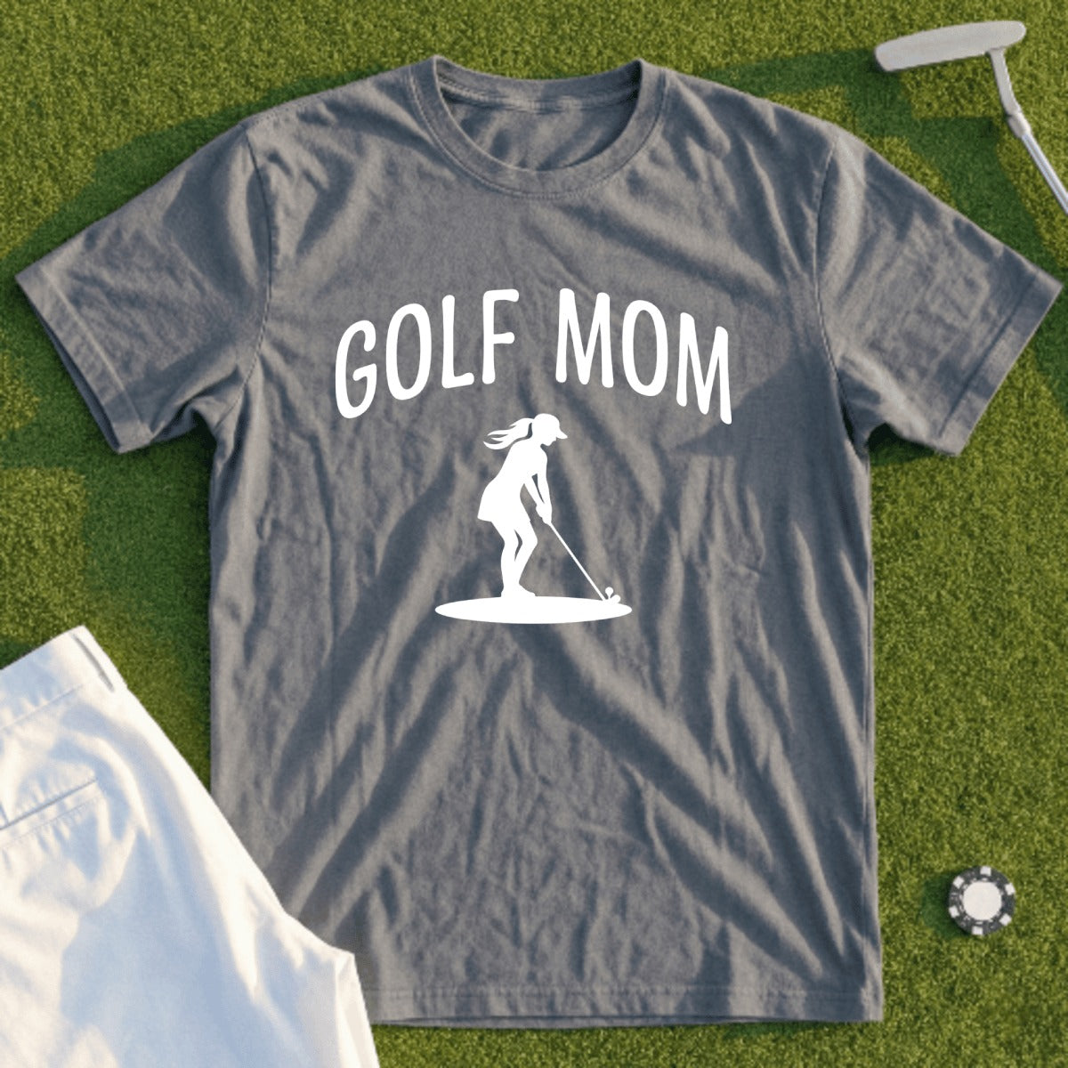 Grey t-shirt with "GOLF MOM" text and a female golfer graphic.