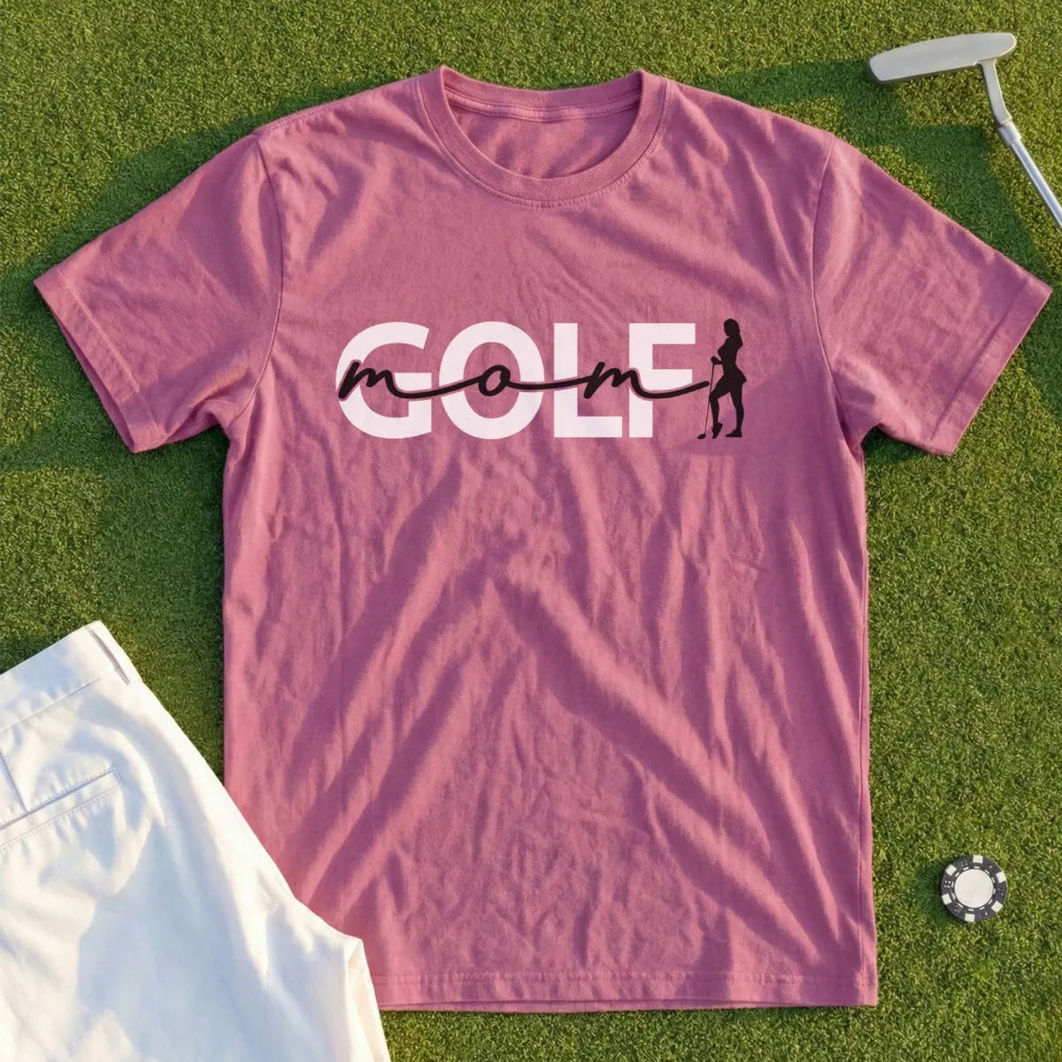 Mauve t-shirt with "GOLF MOM" text and a golfer silhouette.