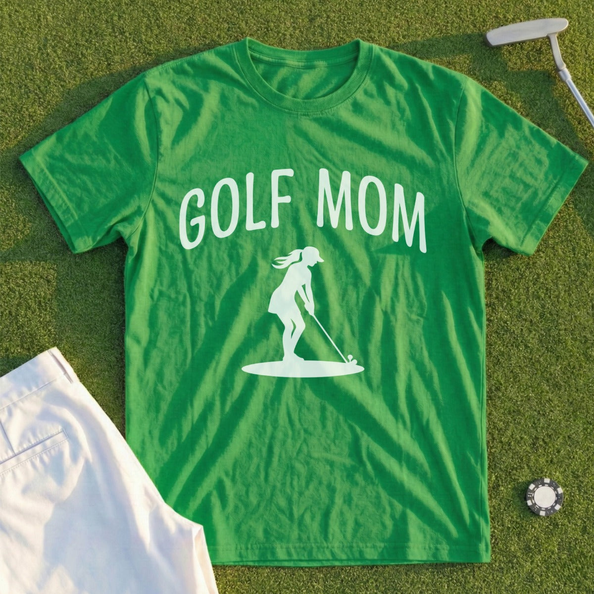 Green t-shirt with "GOLF MOM" and a female golfer silhouette.