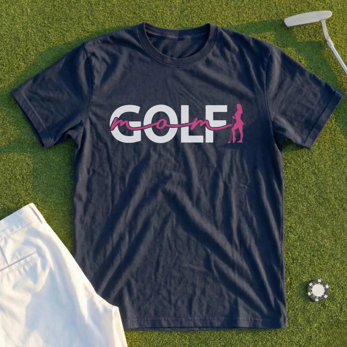 Navy t-shirt with "Golf Mom" text and a female golfer silhouette.