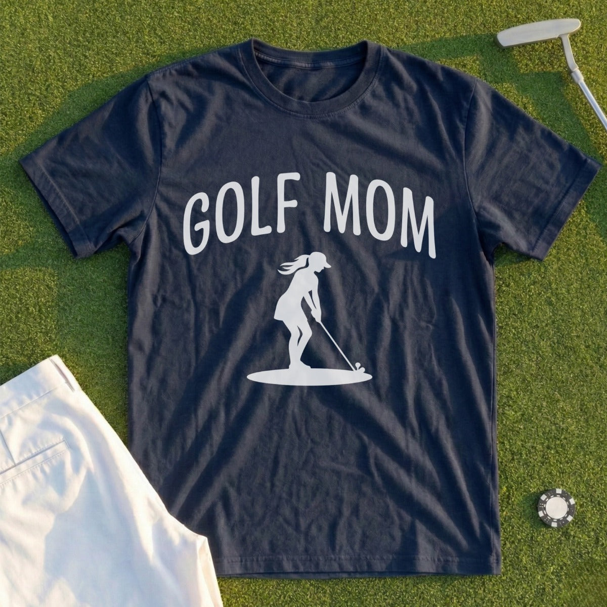 Navy t-shirt with "Golf Mom" and a female golfer silhouette.