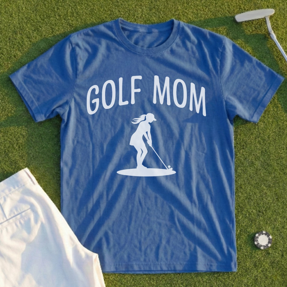 Blue t-shirt with "Golf Mom" text and a woman golfer graphic.