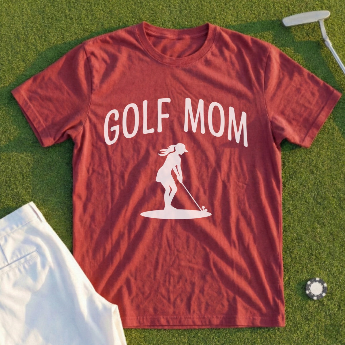 Maroon t-shirt with "Golf Mom" text and golfer silhouette.