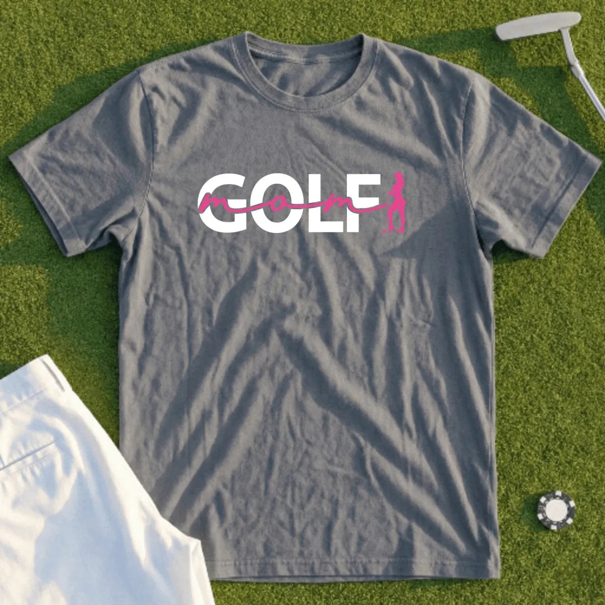 Gray t-shirt with "Golf Mom" text and pink golf player silhouette.