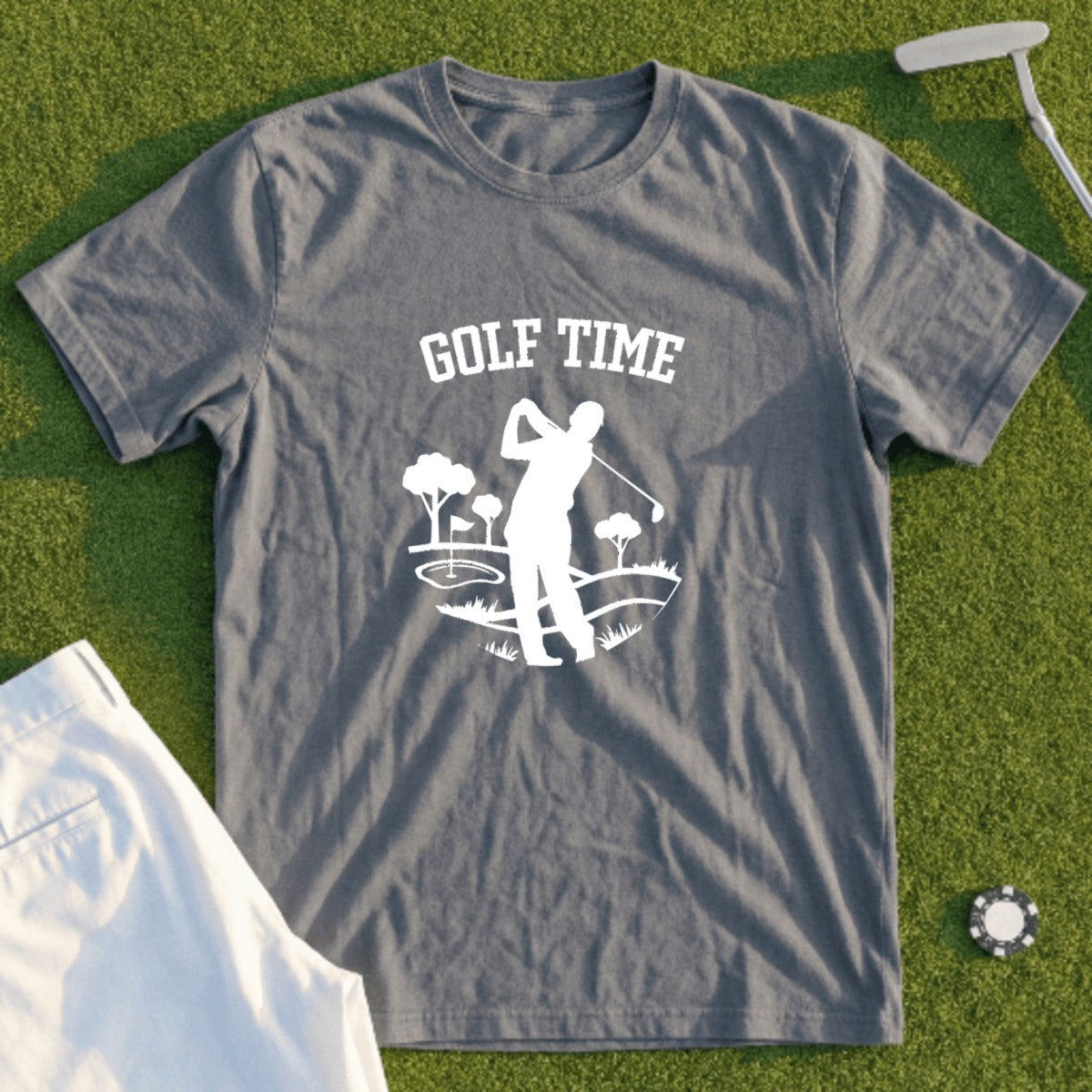 Gray t-shirt with "Golf Time" and golfer illustration on green grass.
