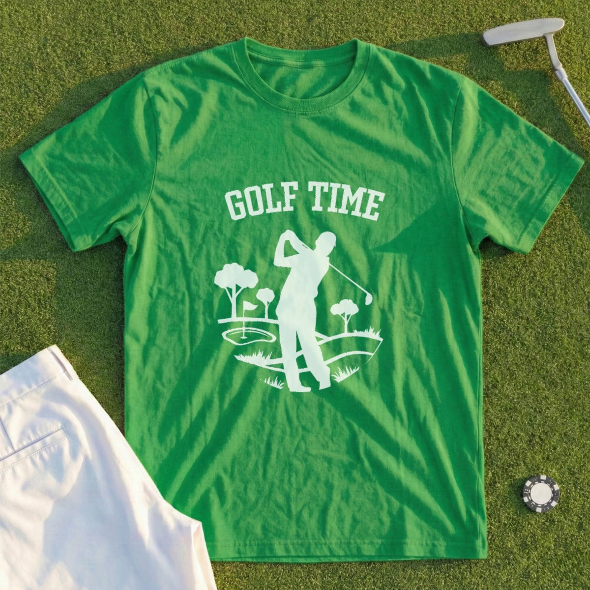 Green t-shirt with white "GOLF TIME" graphic of a golfer on a course.