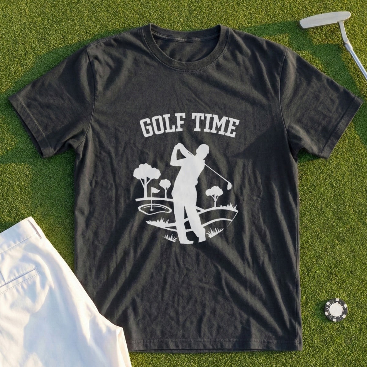 Dark gray t-shirt with "GOLF TIME" and golfer graphic.