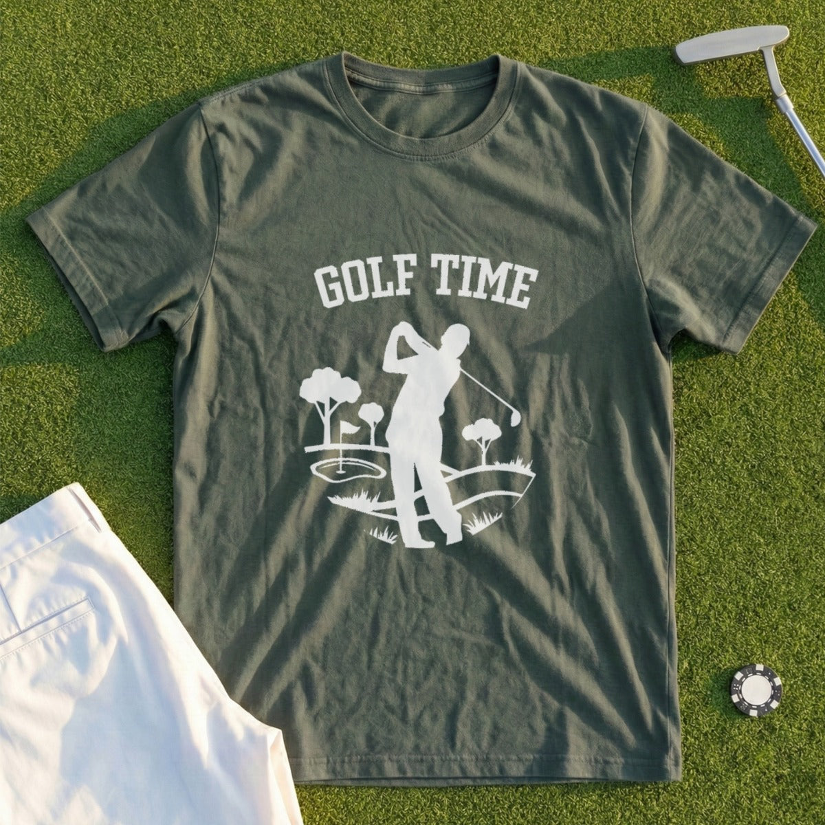 Green t-shirt with "Golf Time" graphic of a golfer on a tee box.