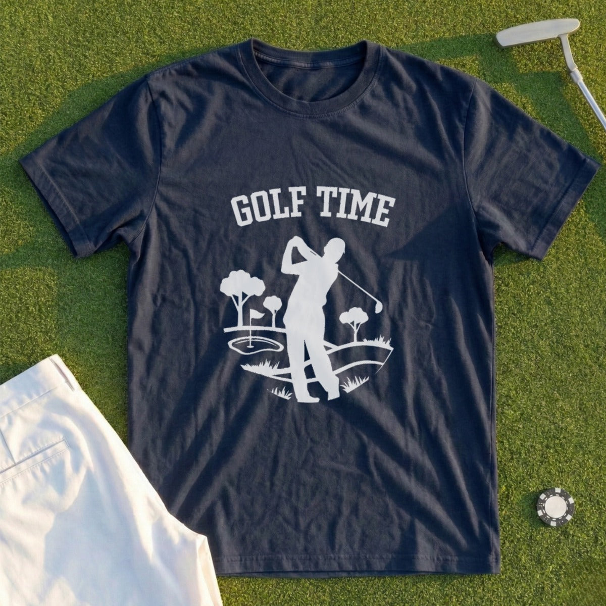 Dark blue t-shirt with "Golf Time" text and golfer silhouette.