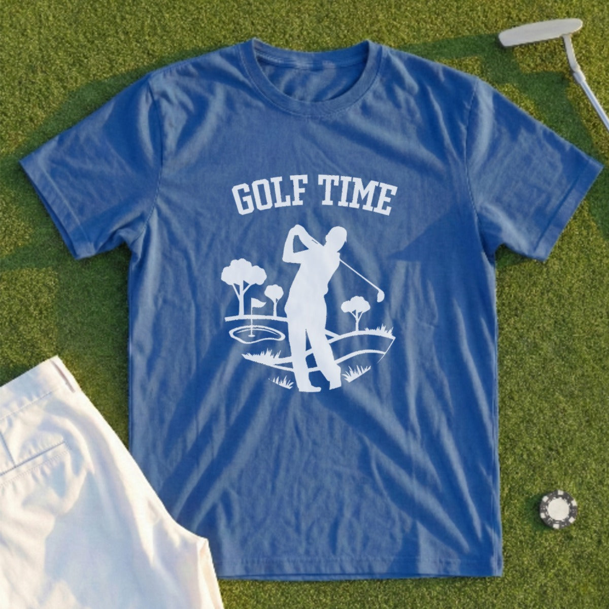 Blue t-shirt with "Golf Time" text and a golfer graphic.