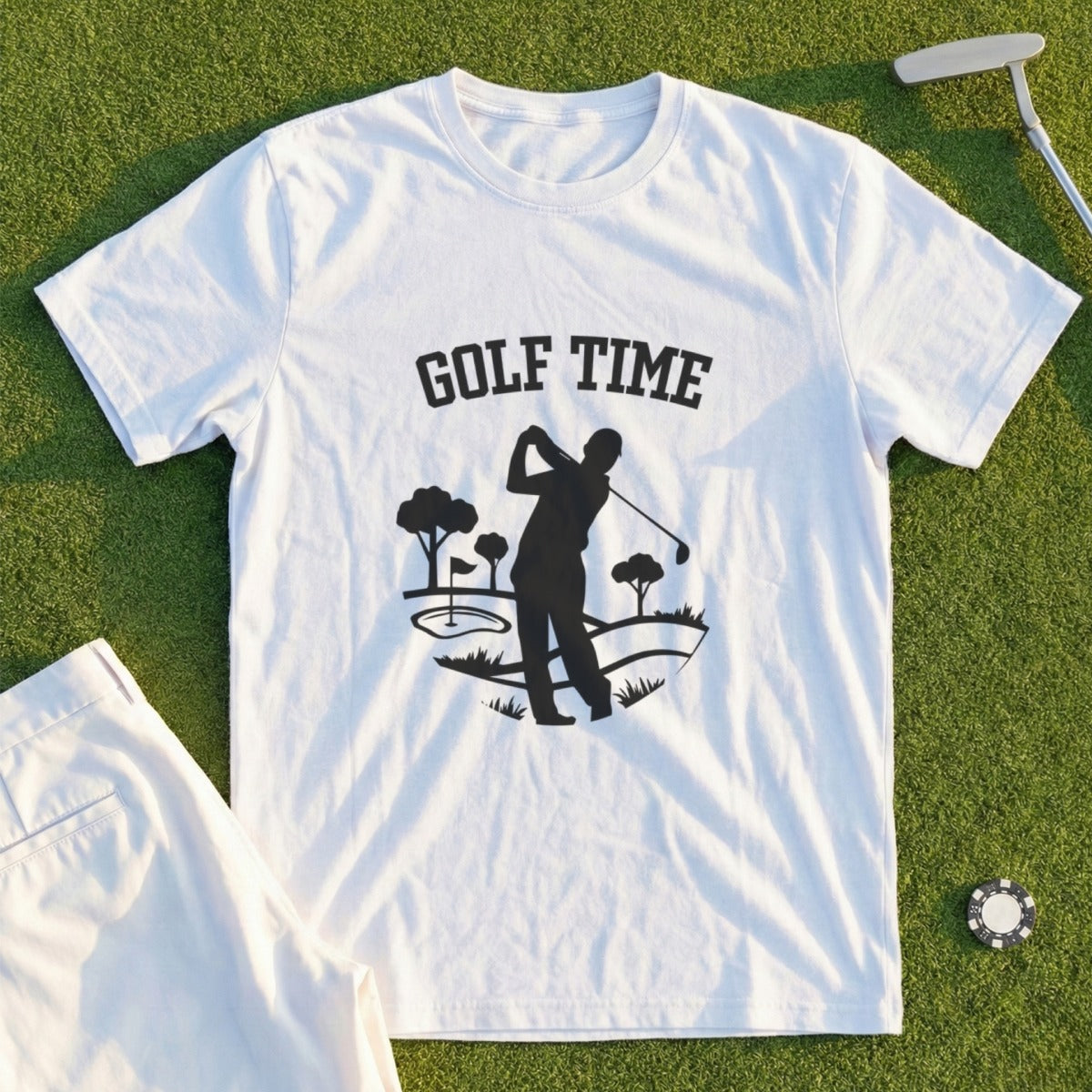 White t-shirt with "Golf Time" graphic of a golfer swinging on a course.