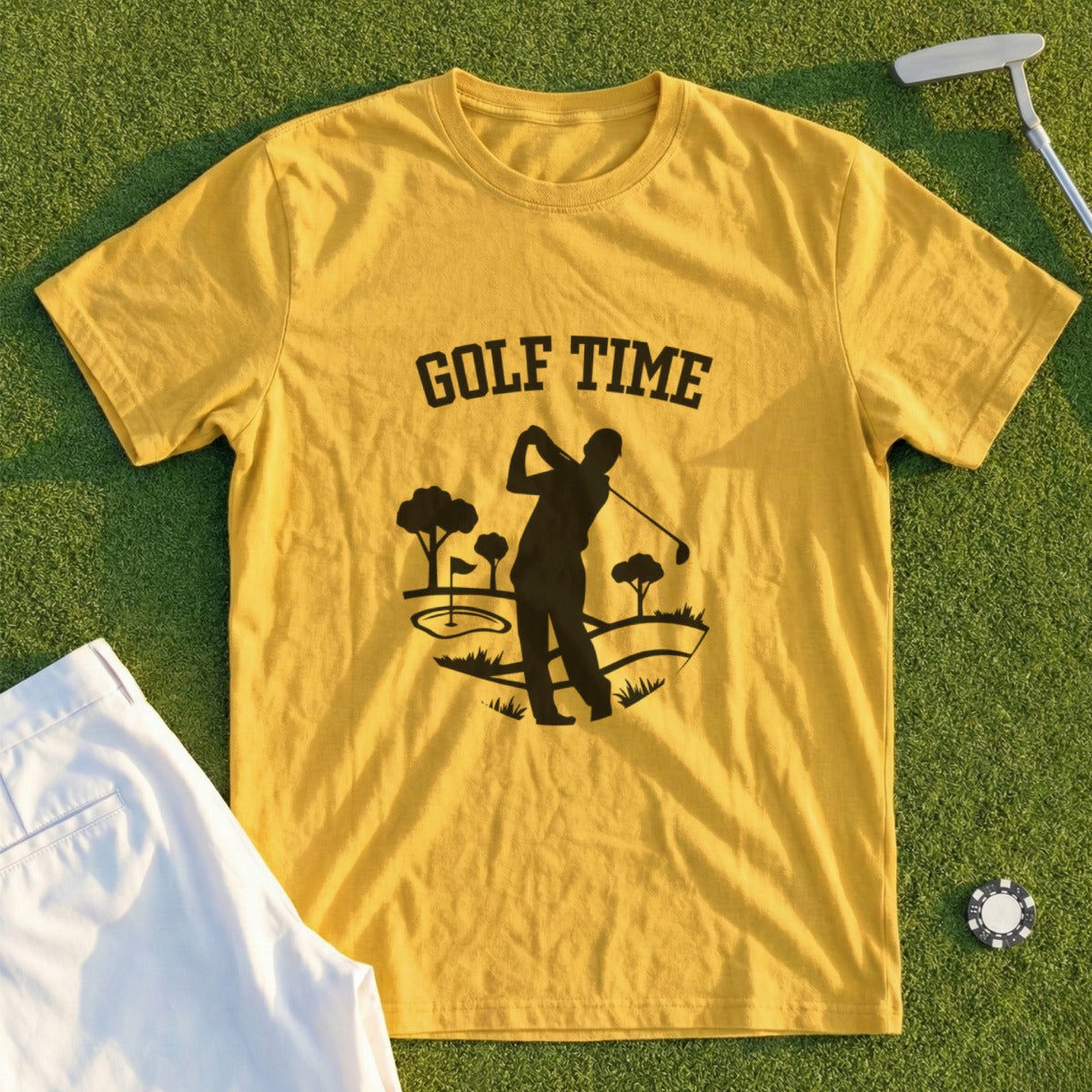 Yellow t-shirt with "GOLF TIME" text and a golfer silhouette.