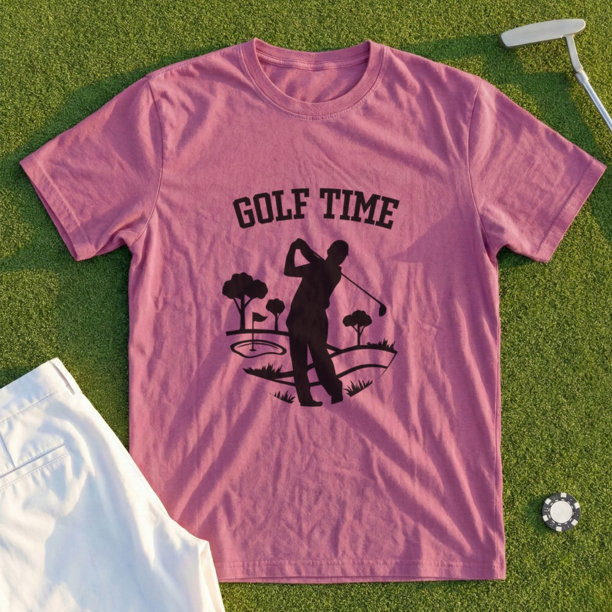 Rose t-shirt with "Golf Time" text and a golfer silhouette.