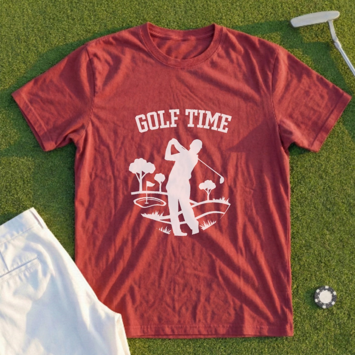 Maroon t-shirt with "GOLF TIME" text and a golfer silhouette on a green background.