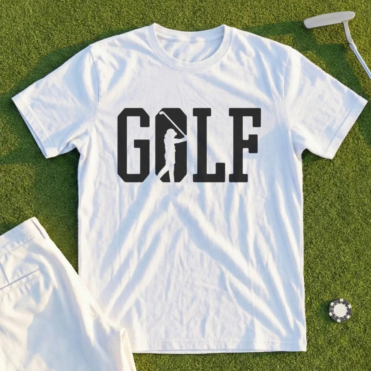 White t-shirt with "GOLF" and a golfer silhouette.