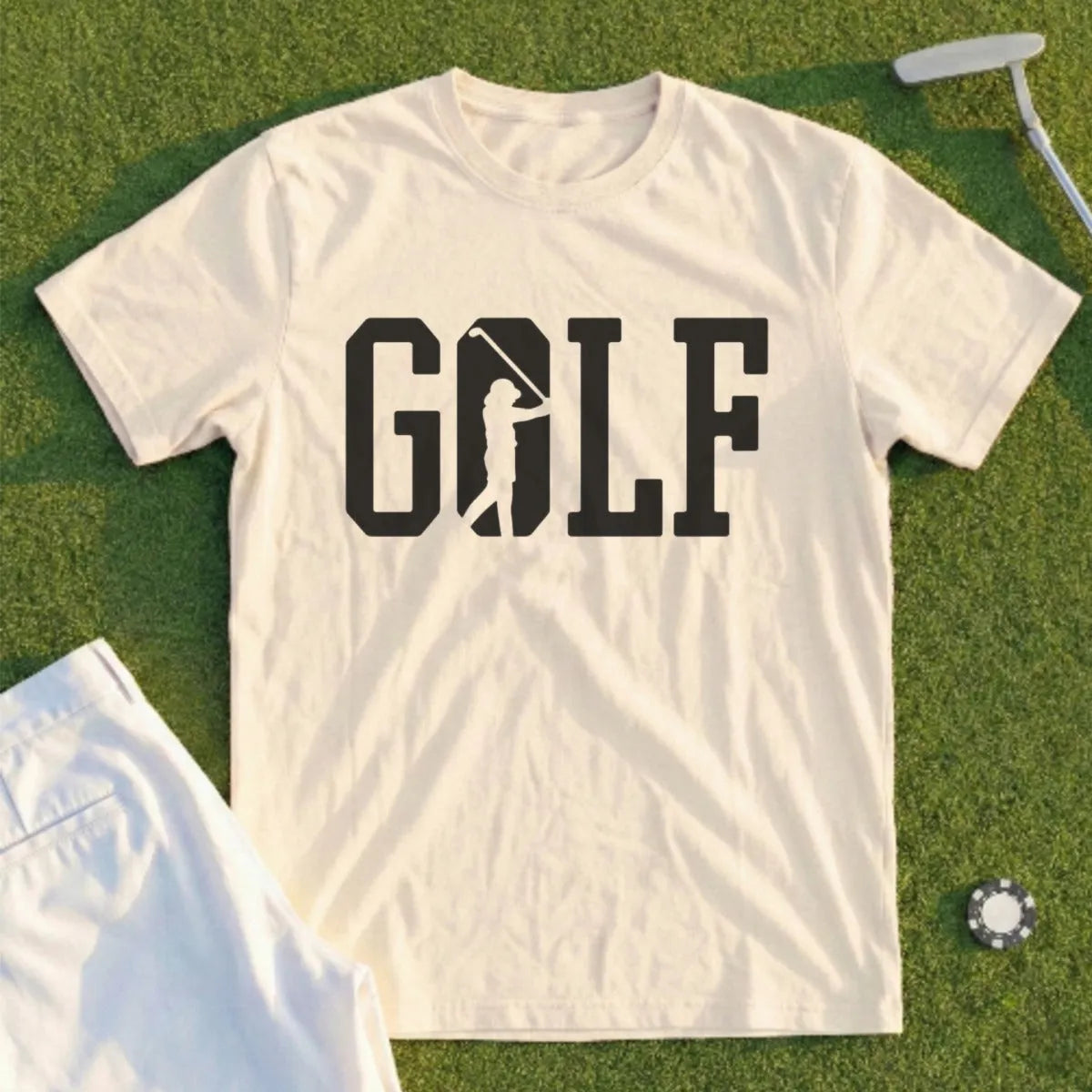 Cream t-shirt with black "GOLF" text and golfer silhouette.