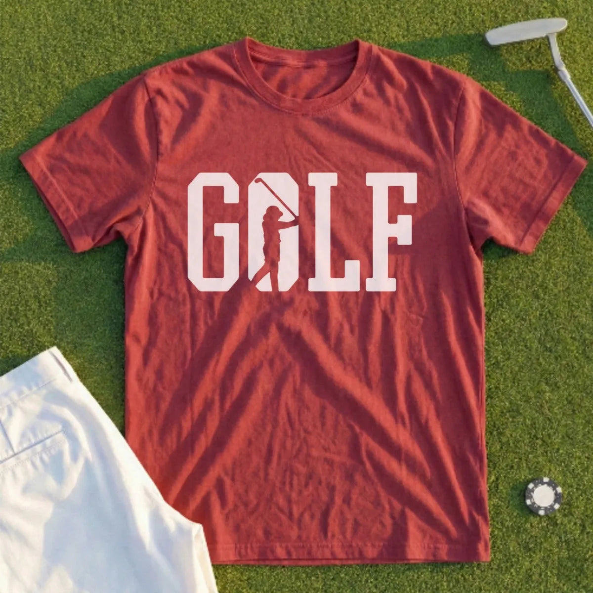 Maroon t-shirt with "GOLF" in white block letters and a golfer silhouette.