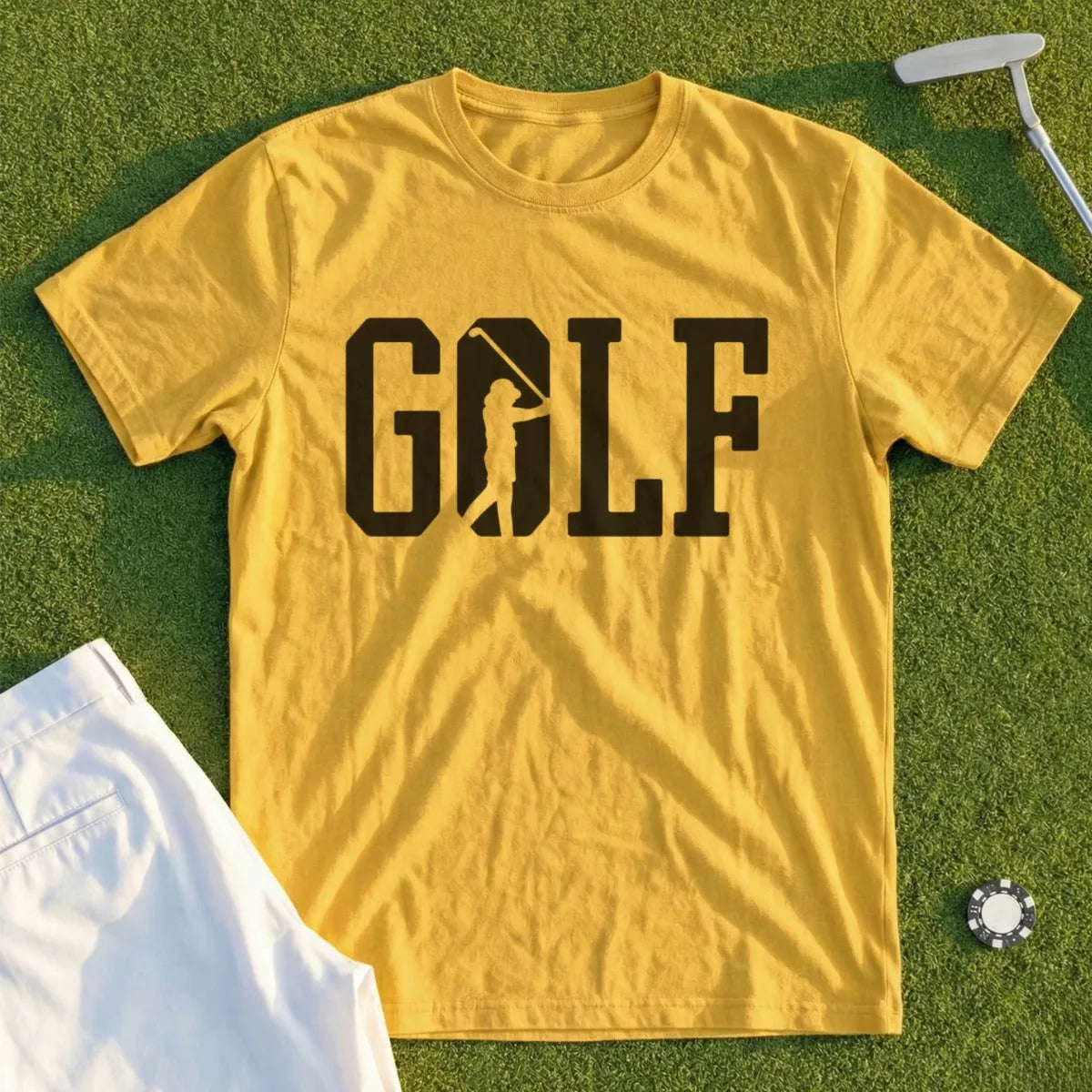 Yellow t-shirt with "GOLF" text and golfer silhouette.