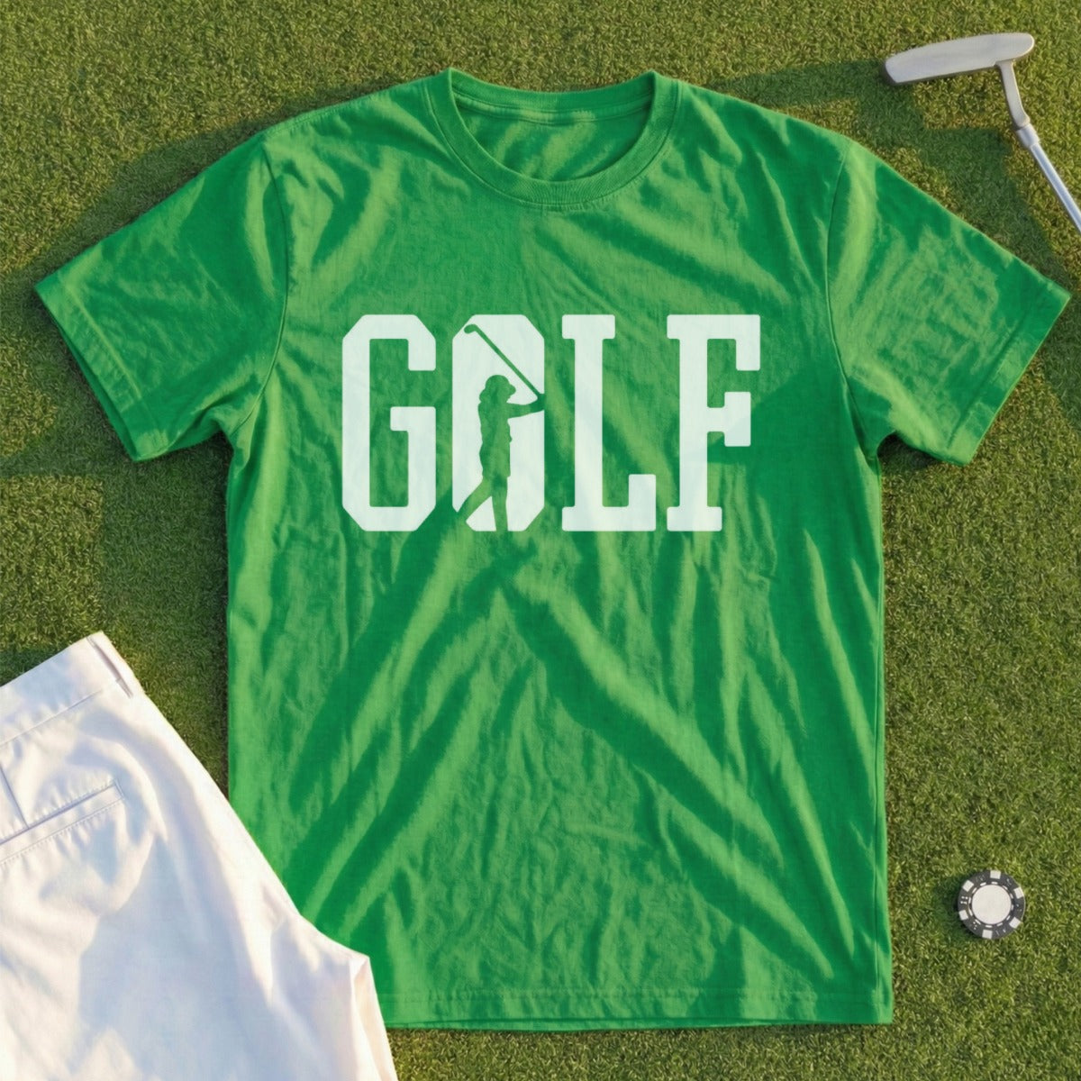 Green t-shirt with white "GOLF" text and golfer silhouette.