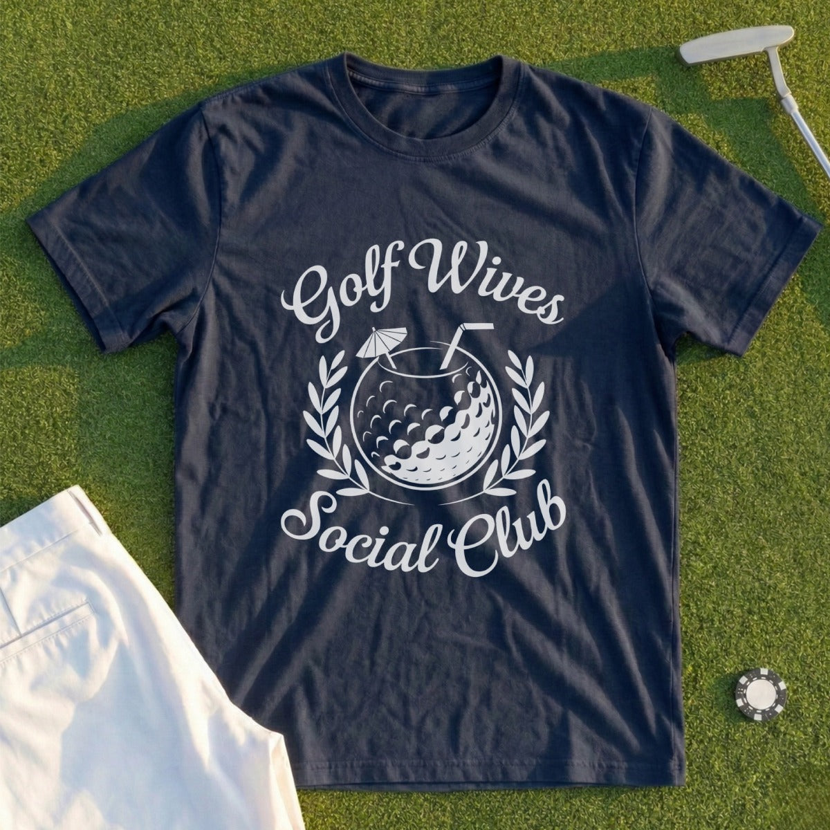 Navy t-shirt with "Golf Wives Social Club" text and a golf ball graphic.