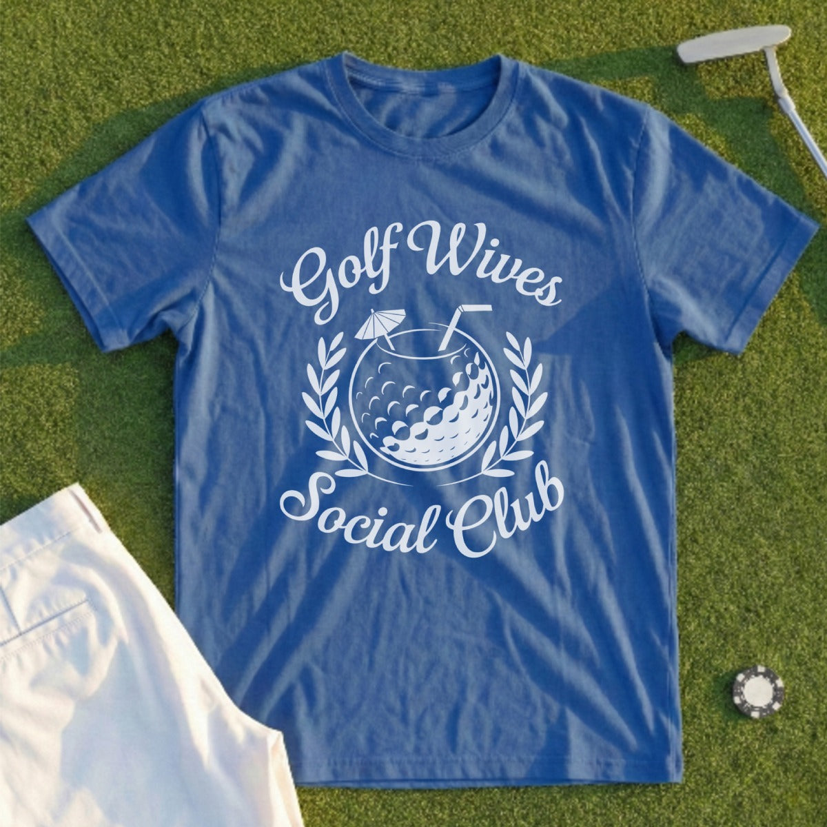 Blue t-shirt with "Golf Wives Social Club" text and drink graphic.