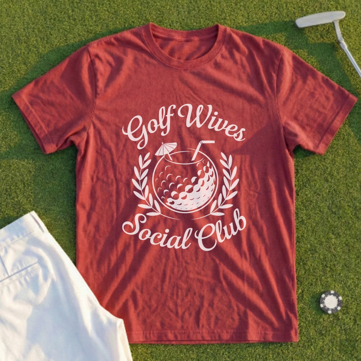 Burgundy t-shirt with "Golf Wives Social Club" text and a golf ball cocktail.