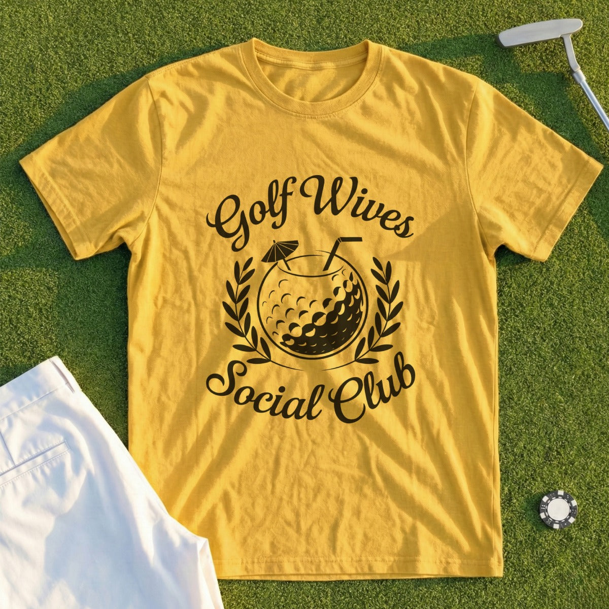 Yellow t-shirt with "Golf Wives Social Club" text and golf ball cocktail graphic.
