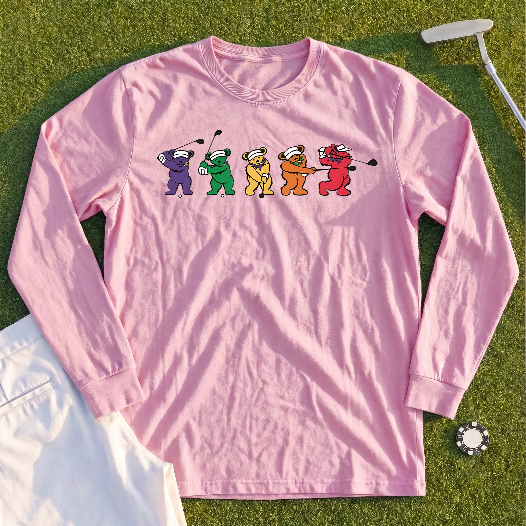 Golf Swing Bears Long Sleeve Tee - Pink