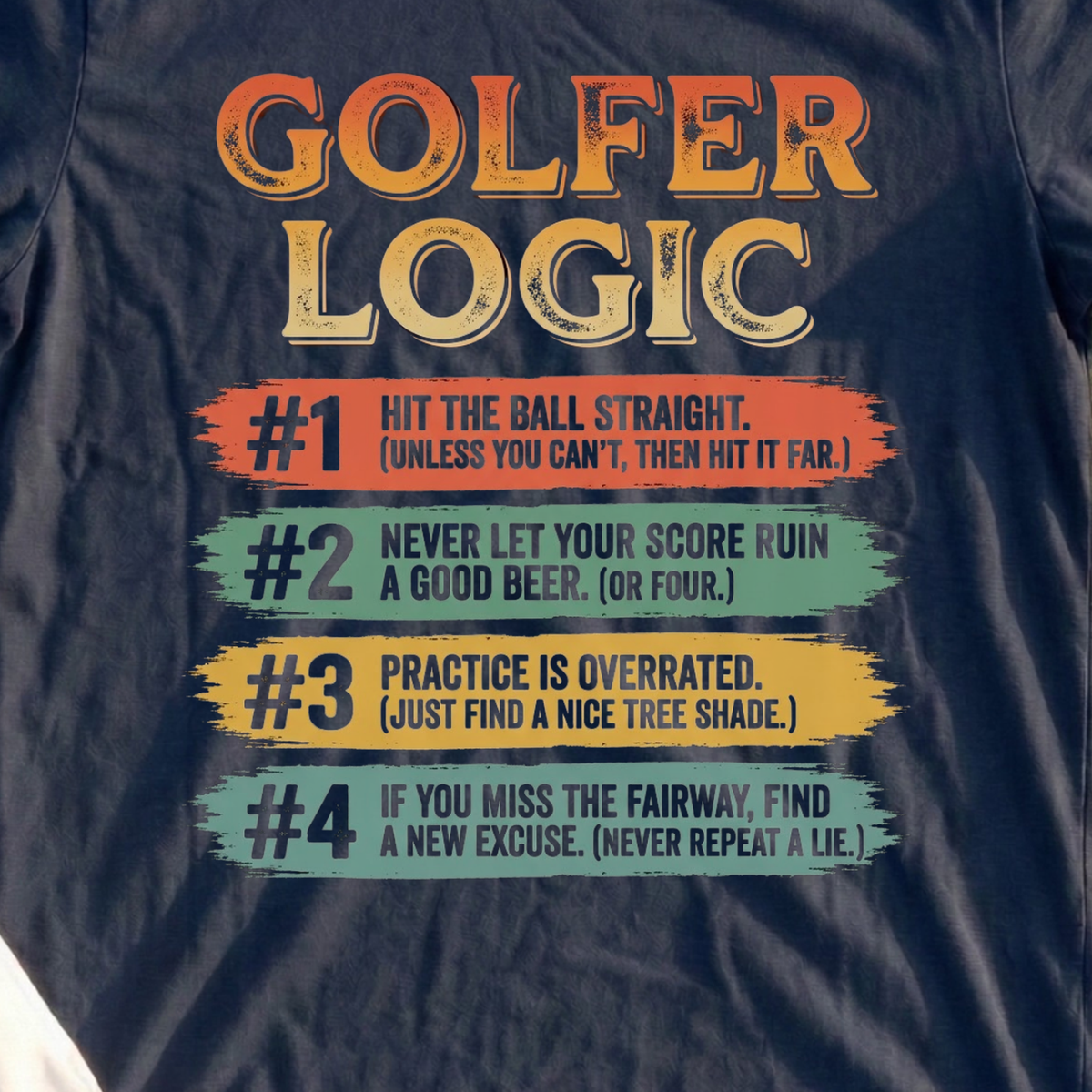 Golfer Logic, Four Rules Tee, print close-up on Navy