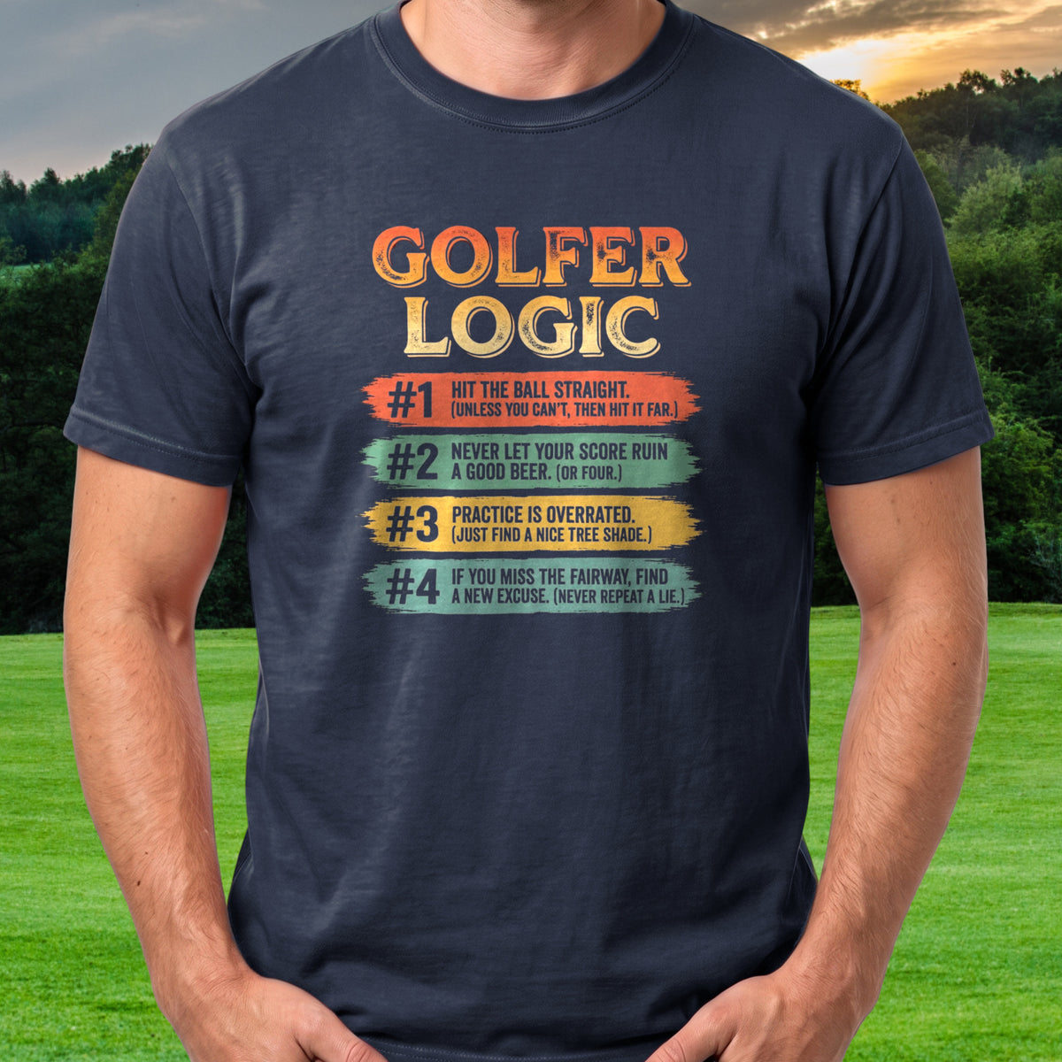 Golfer Logic, Four Rules Tee worn on the golf course, Navy