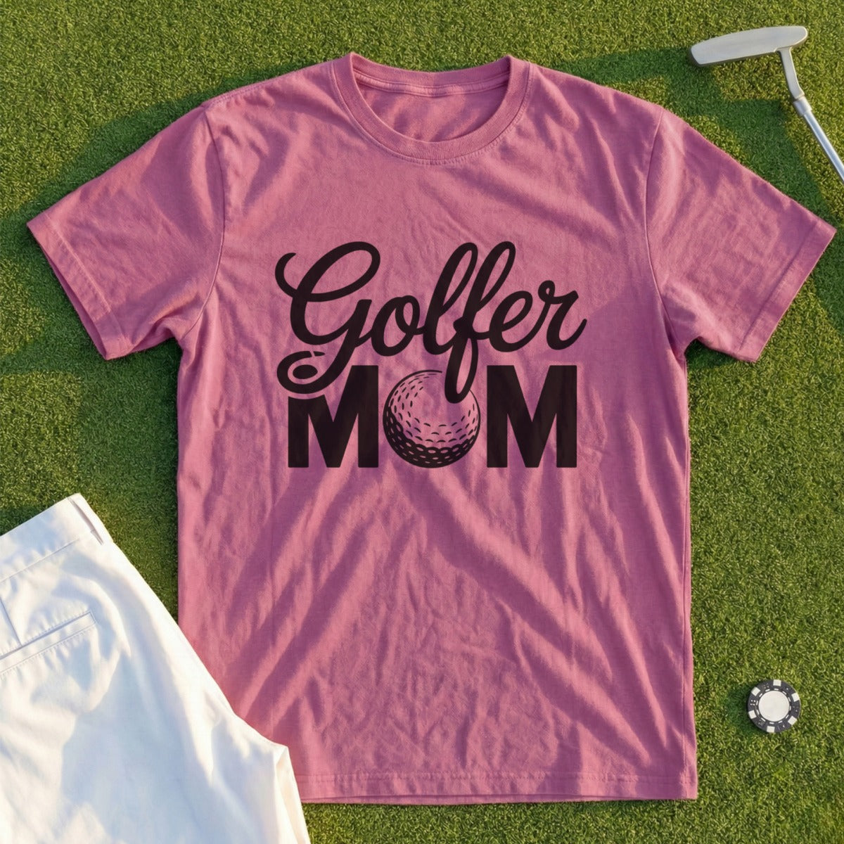 Golfer Mom t-shirt with golf ball graphic and golf accessories.