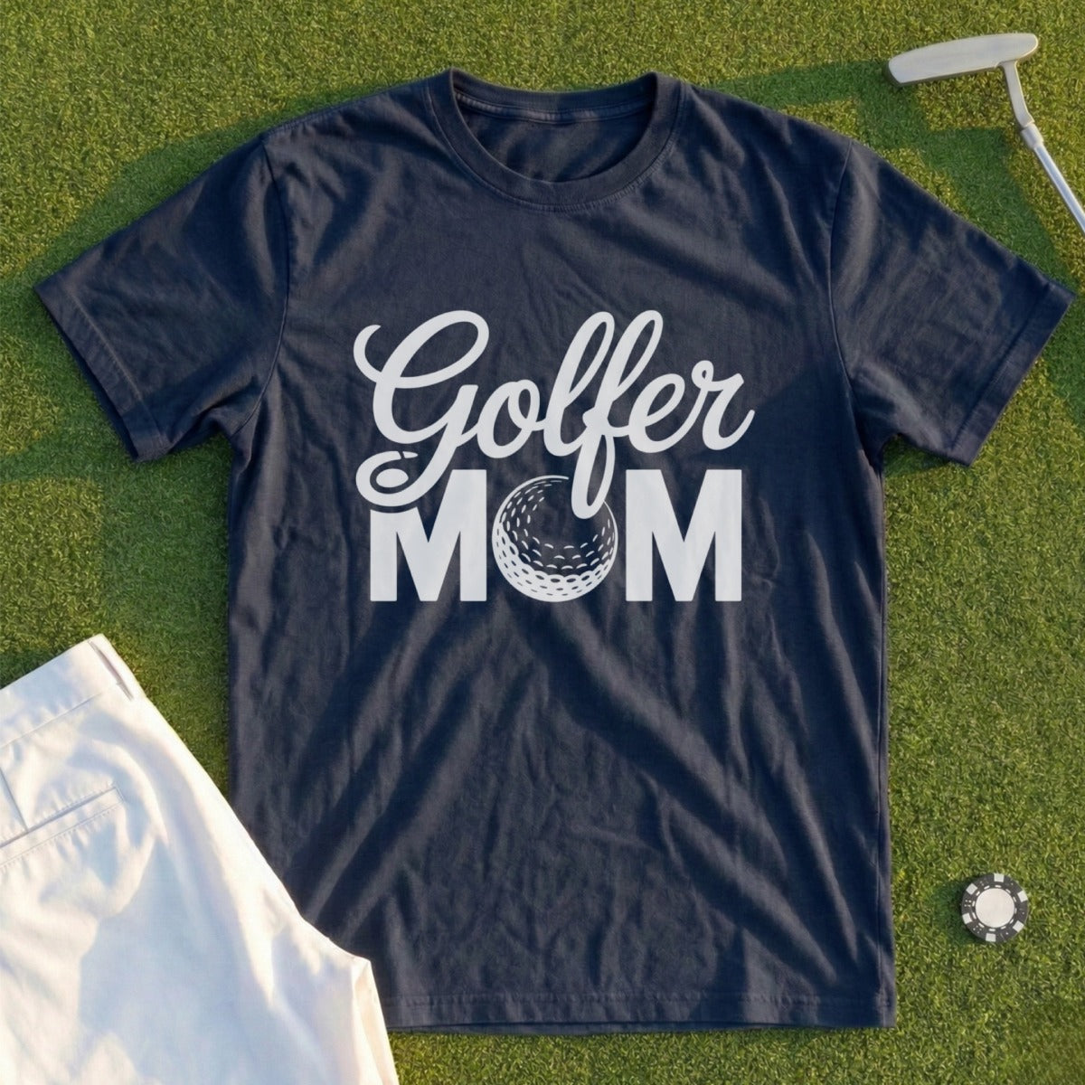 Navy t-shirt with "Golfer Mom" and golf ball graphic.