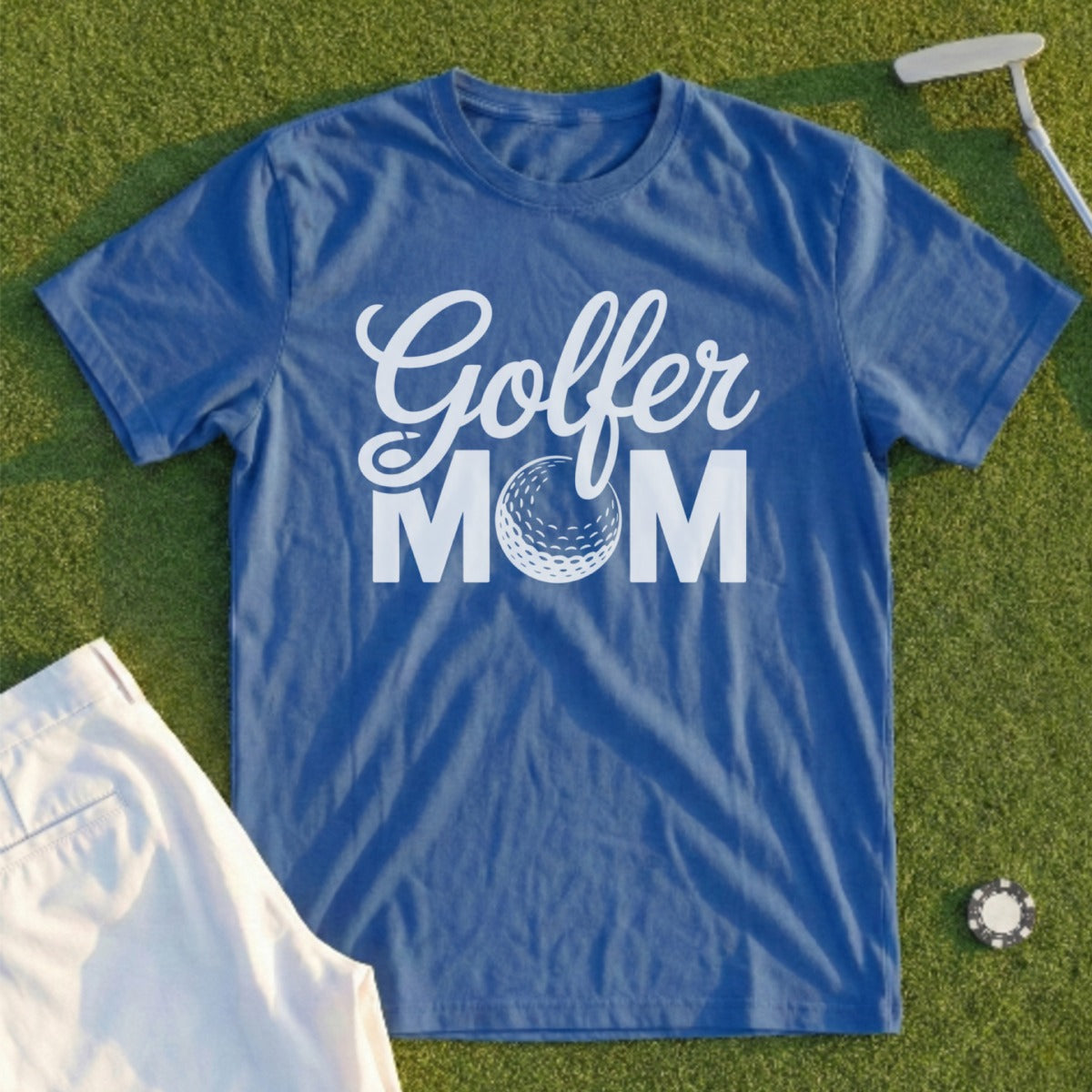 Blue t-shirt with "Golfer Mom" and a golf ball graphic.
