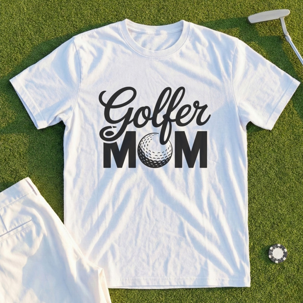 White t-shirt with "Golfer MOM" text and a golf ball graphic.