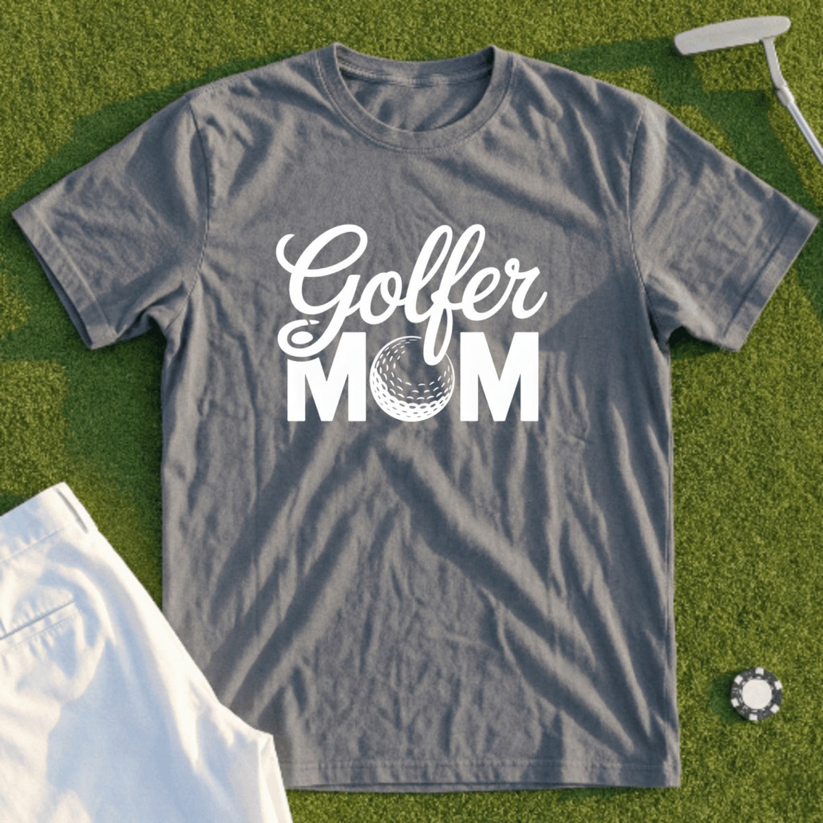 Gray t-shirt with "Golfer MOM" text and golf ball graphic.