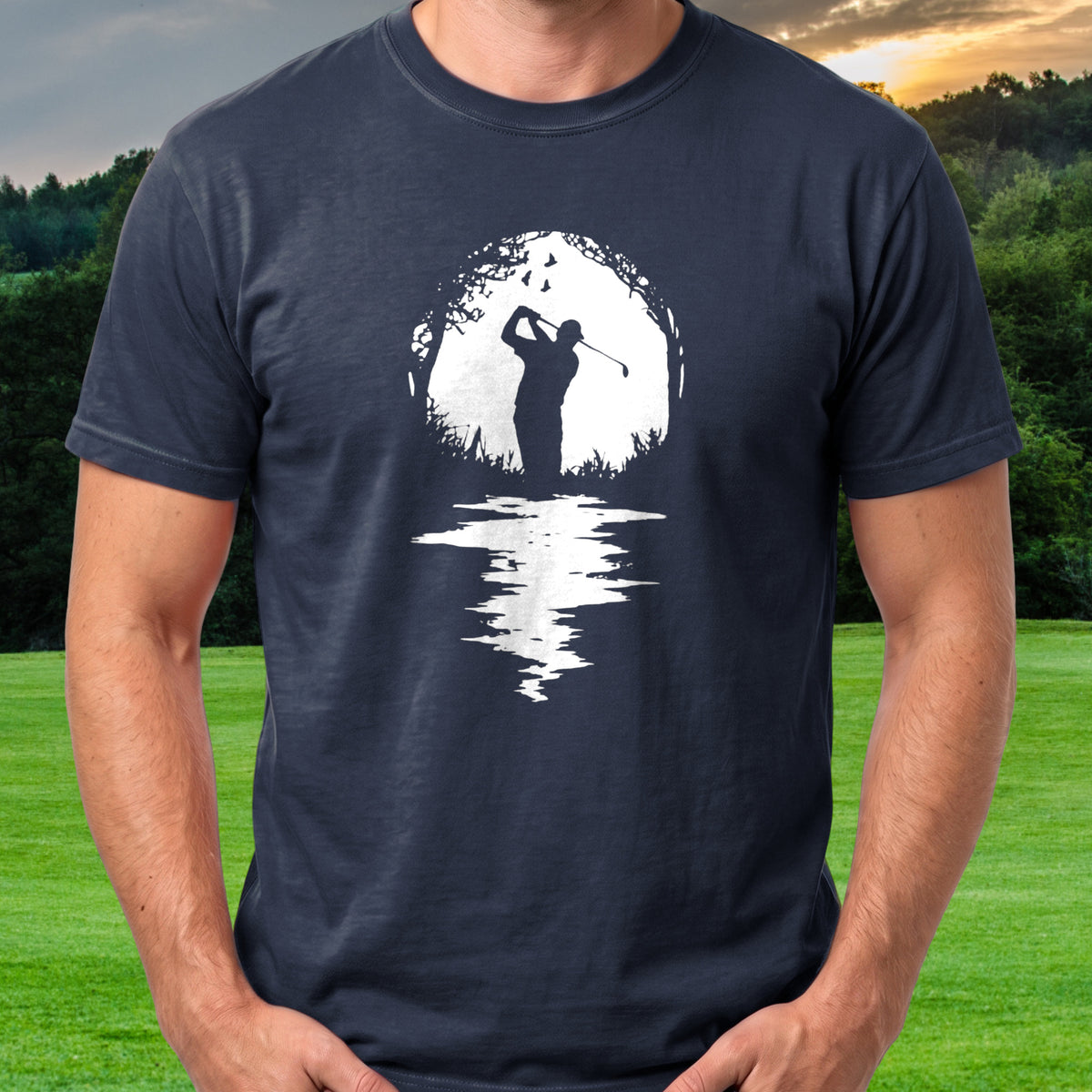 Golfer Silhouette Tee worn on the golf course, Navy