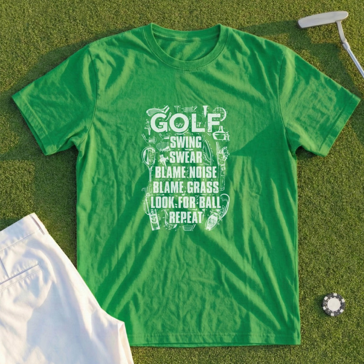 Green t-shirt with "Golf" and humorous golf-related phrases.