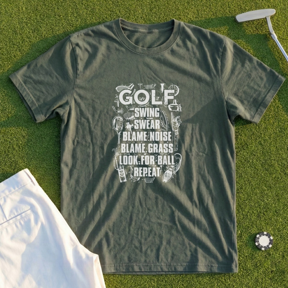 Green t-shirt with "GOLF" and humorous golf-related phrases.