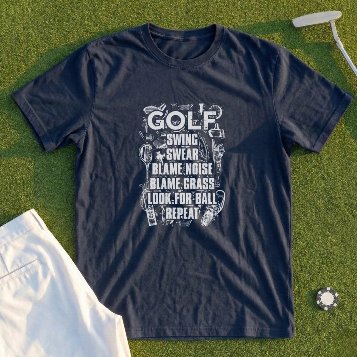 Navy t-shirt with "Golf" and a list of golf-related phrases in white text.