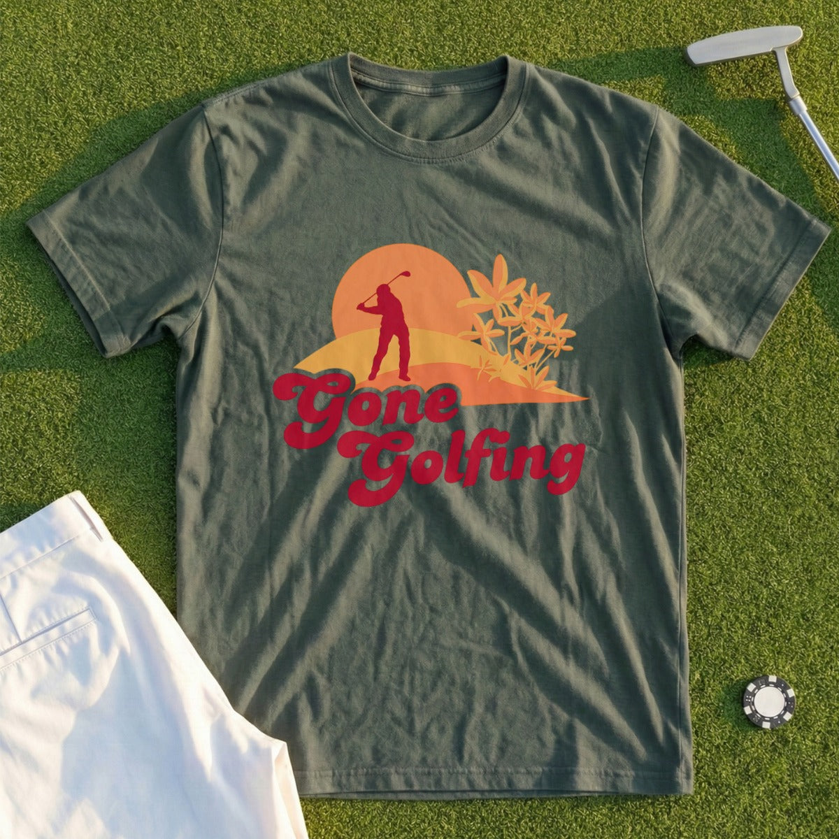 Olive t-shirt with "Gone Golfing" text and sunset graphic.