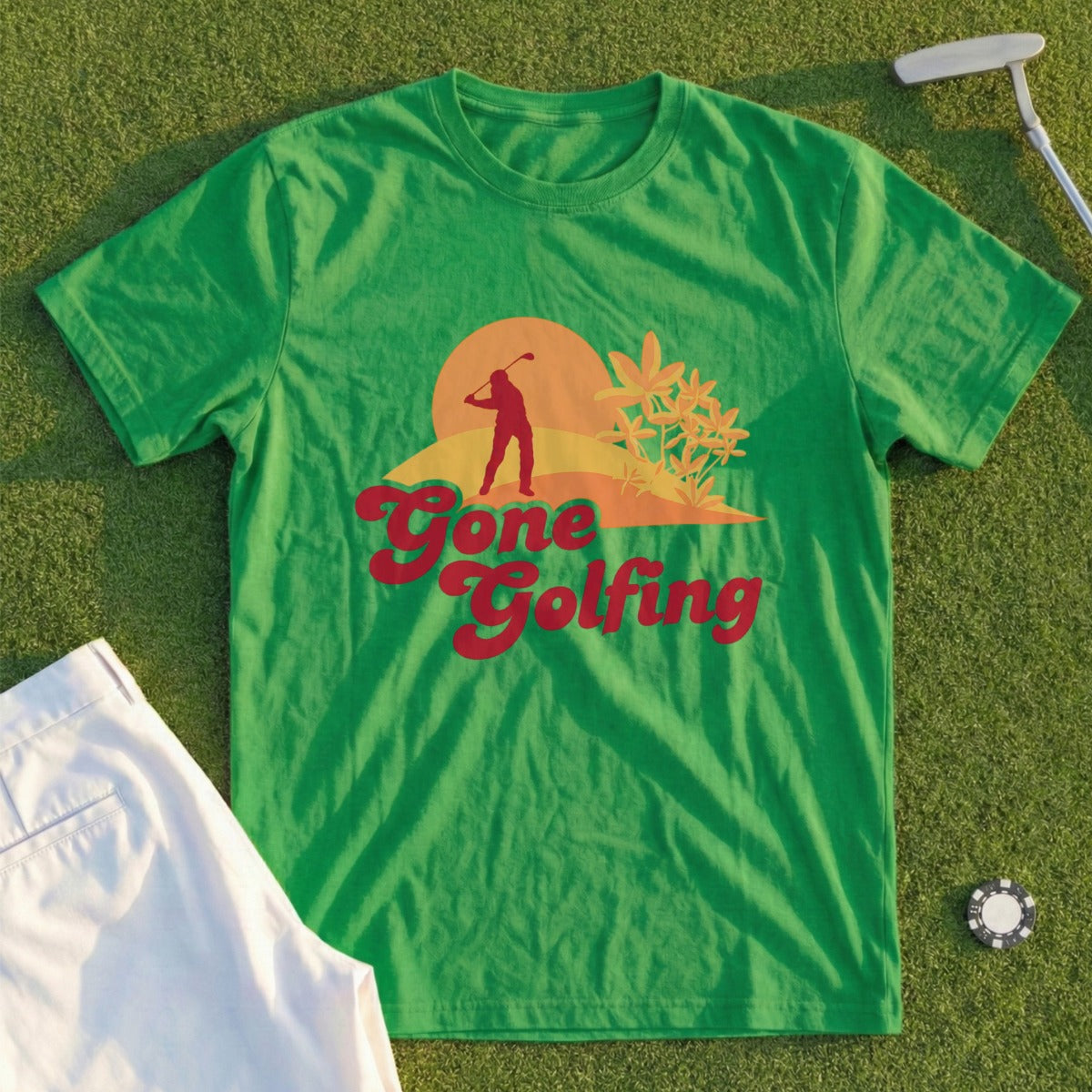 Green t-shirt with "Gone Golfing" text and golf scene graphic.