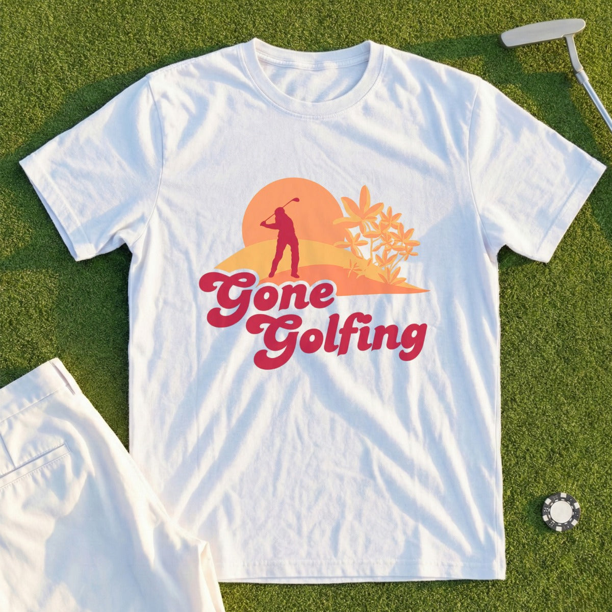 White t-shirt with "Gone Golfing" text and a golfer silhouette.