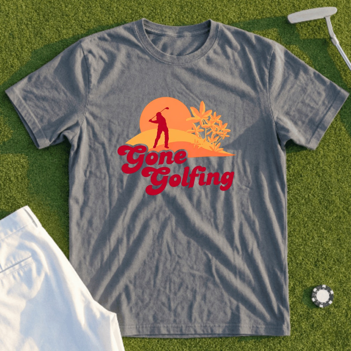 Gray t-shirt with "Gone Golfing" text and a sunset graphic.