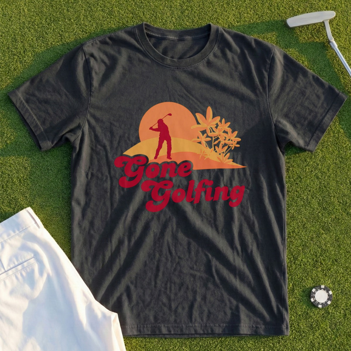 Black t-shirt with "Gone Golfing" text and a sunset golf scene.
