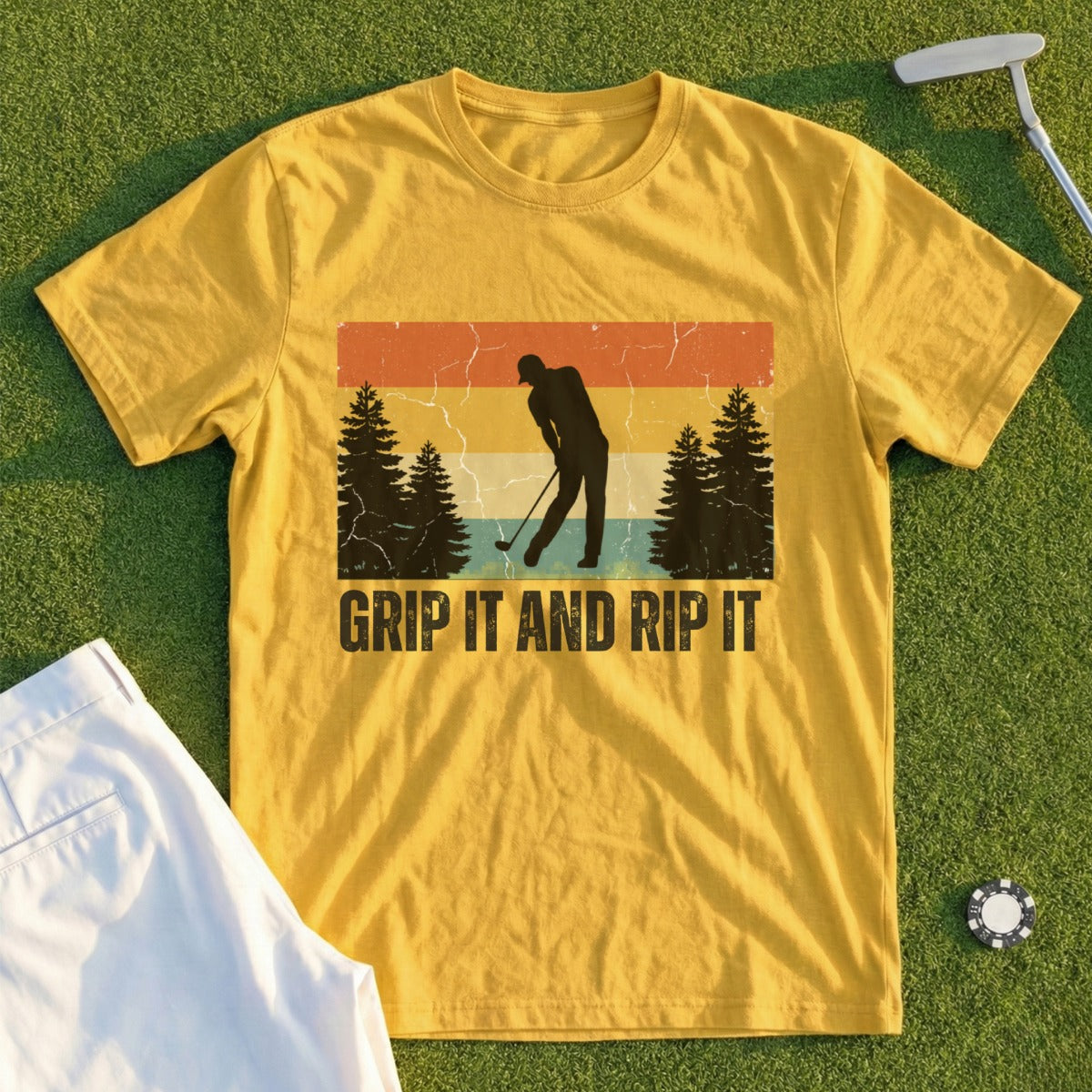 Yellow t-shirt with vintage golfer graphic and "Grip It and Rip It" text.