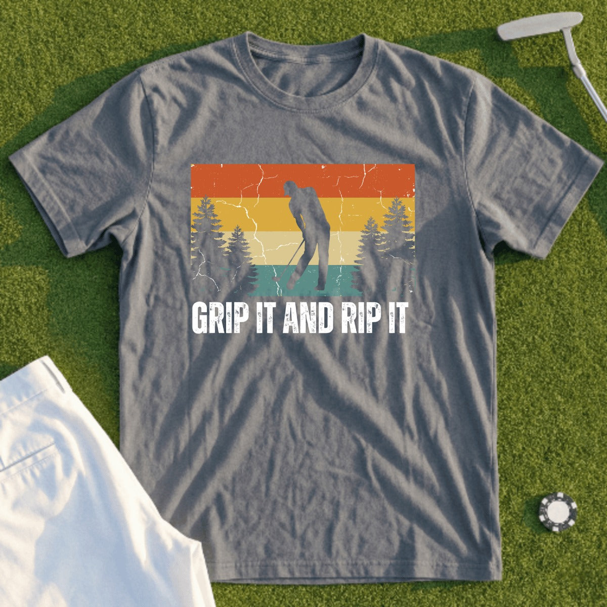 Gray t-shirt with vintage golfer and text "Grip It and Rip It".