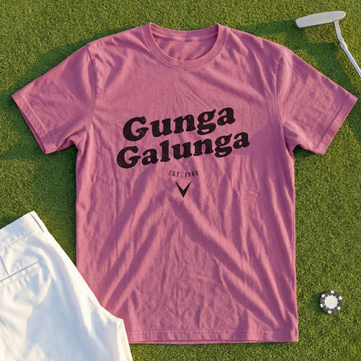 Pink t-shirt with black text "Gunga Galunga Est. 1980".